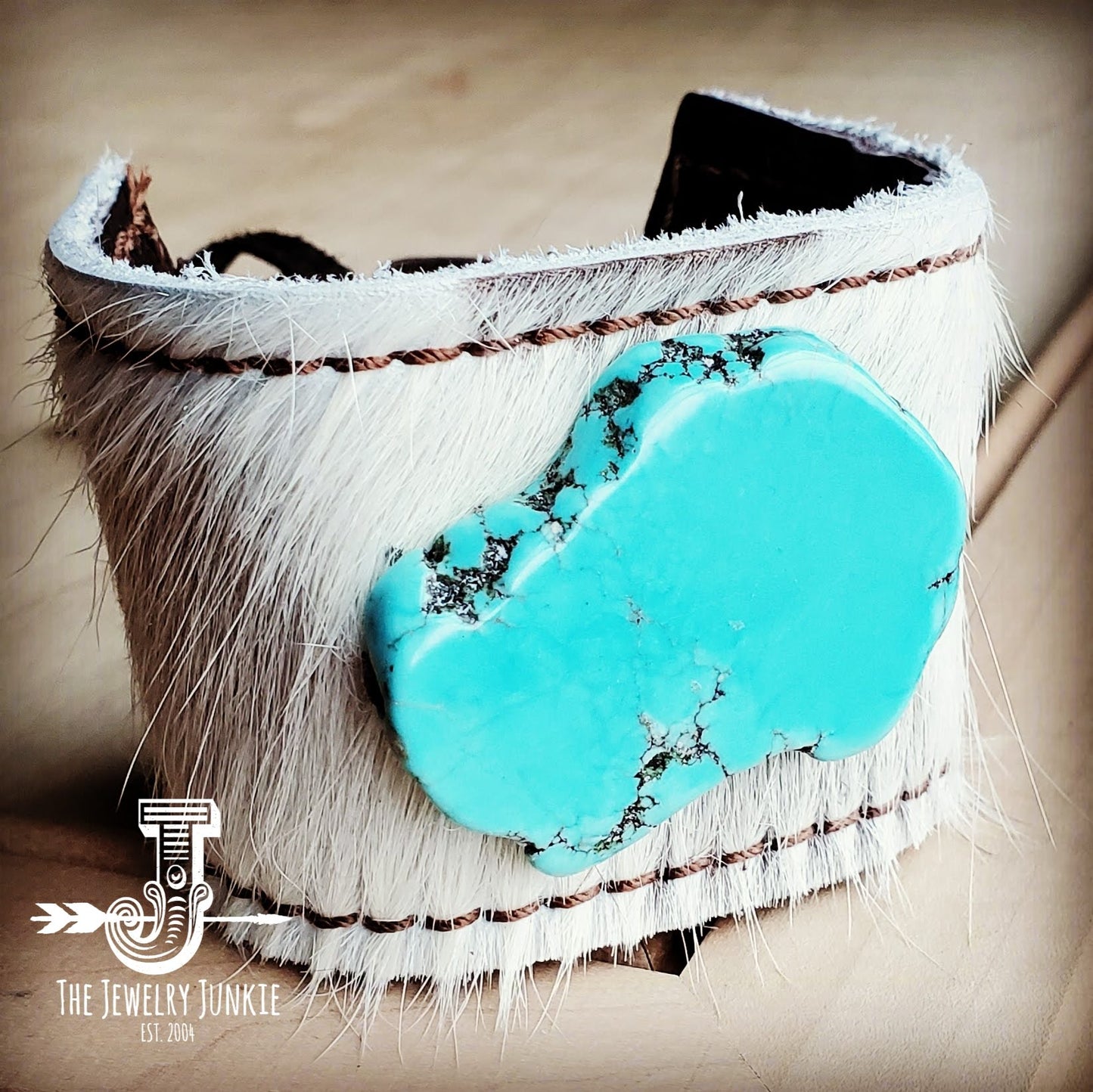 Leather Cuff w/ Leather Tie-White Hide and Turquoise Slab (011r)