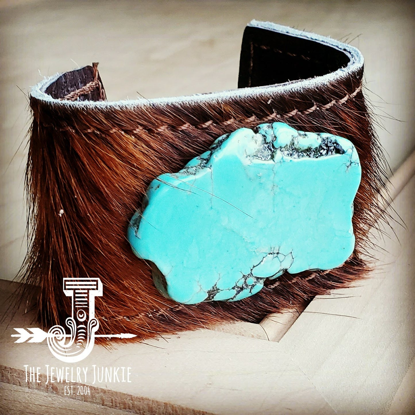 Leather Cuff w/ Leather Tie-Dark Brown Hide and Turquoise Slab (011p)