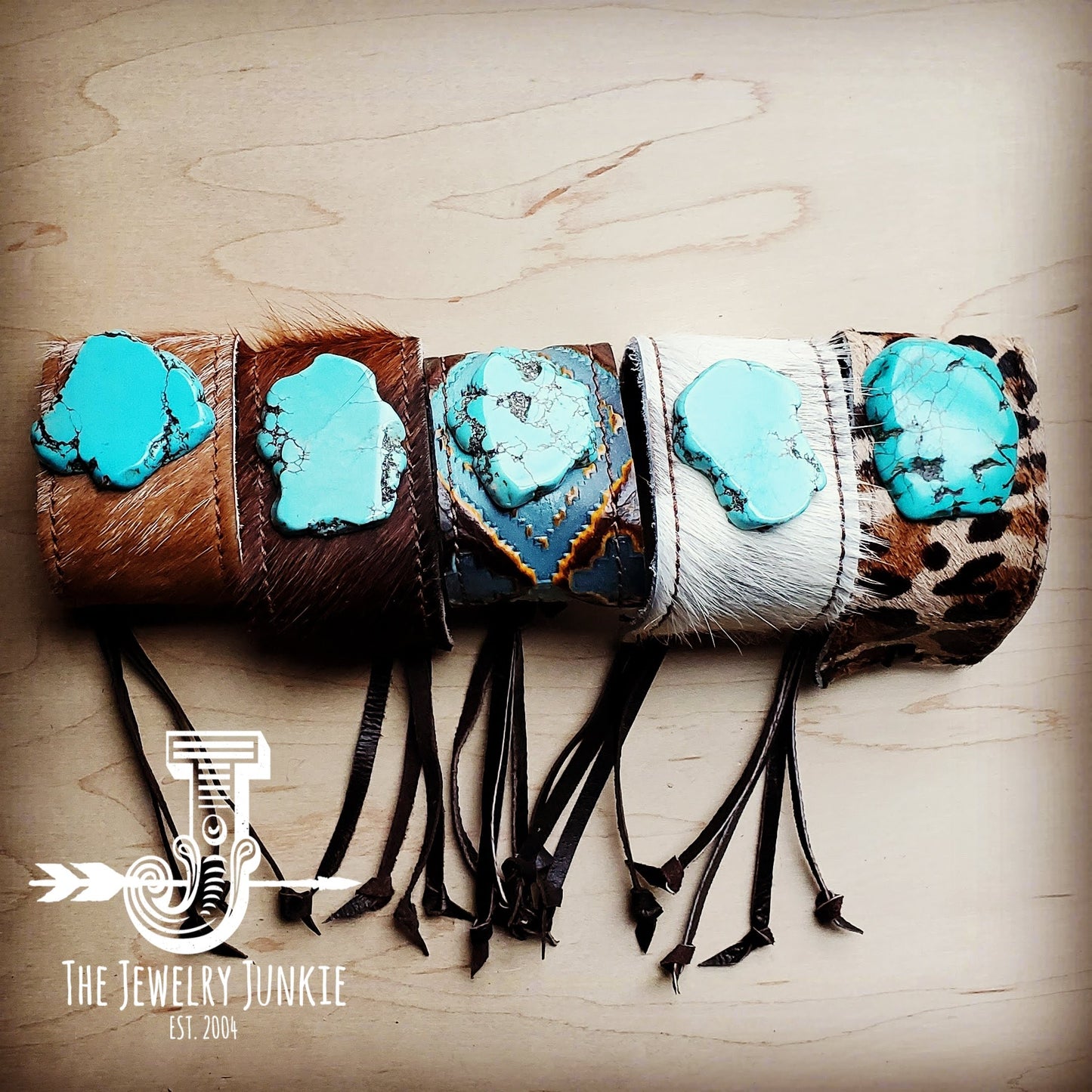 Leather Cuff w/ Leather Tie-Leopard Hide and Turquoise Slab (011s)