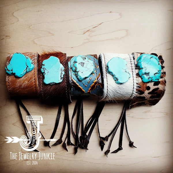 Leather Cuff w/ Leather Tie-White Hide and Turquoise Slab (011r)
