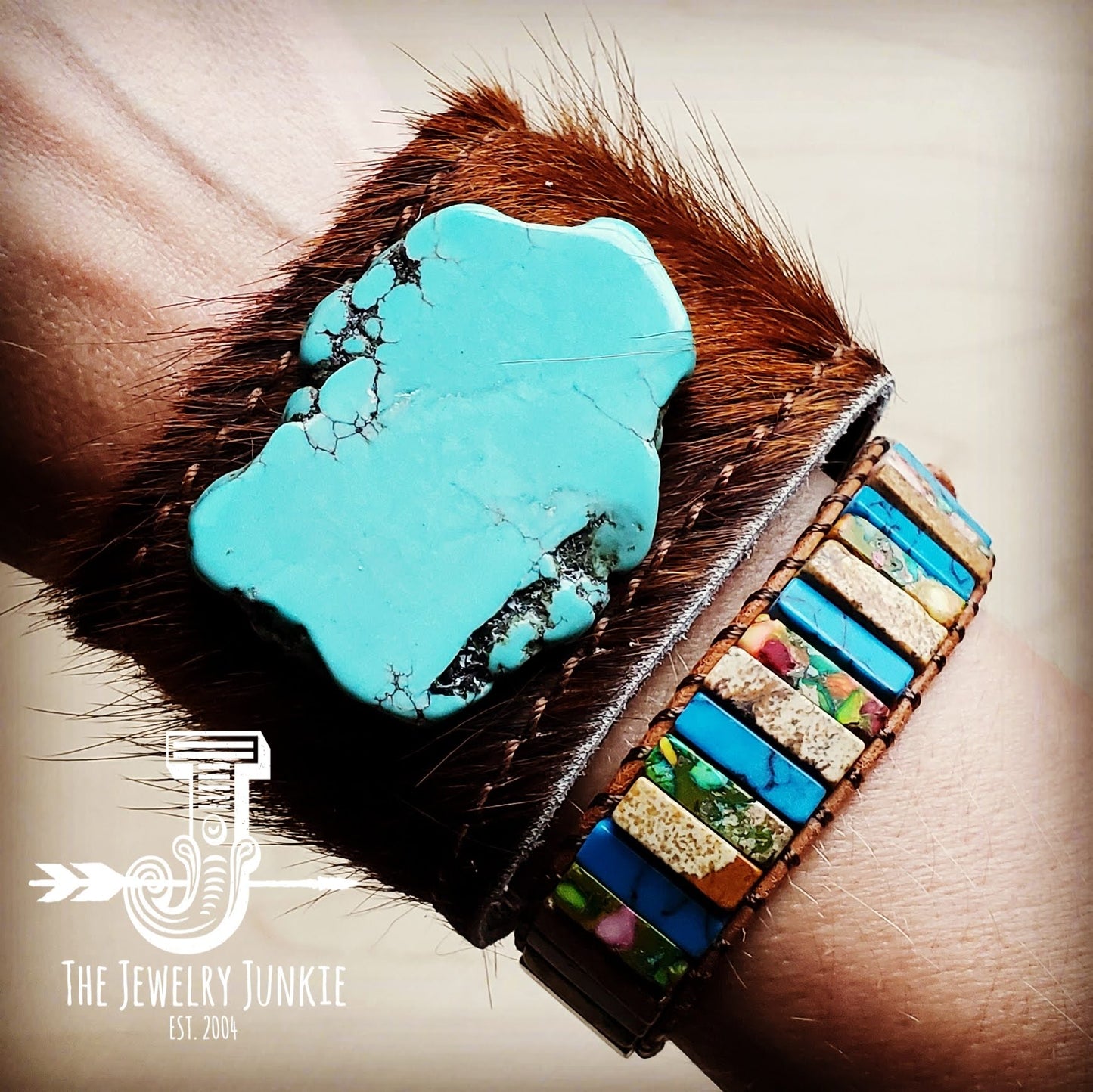 Leather Cuff w/ Leather Tie-Dark Brown Hide and Turquoise Slab (011p)