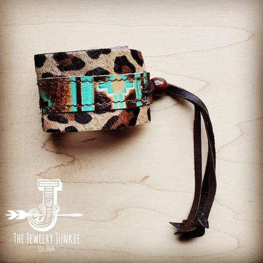 Leather Cuff w/ Leather Tie-Turquoise Navajo and Leopard (011v)