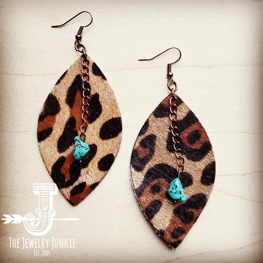 Leather Oval Earrings Leopard w/ Turquoise Drops 201x