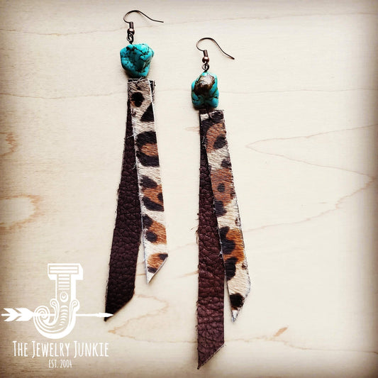 Leather Rectangle Earrings w/ Leopard and Turquoise 201w