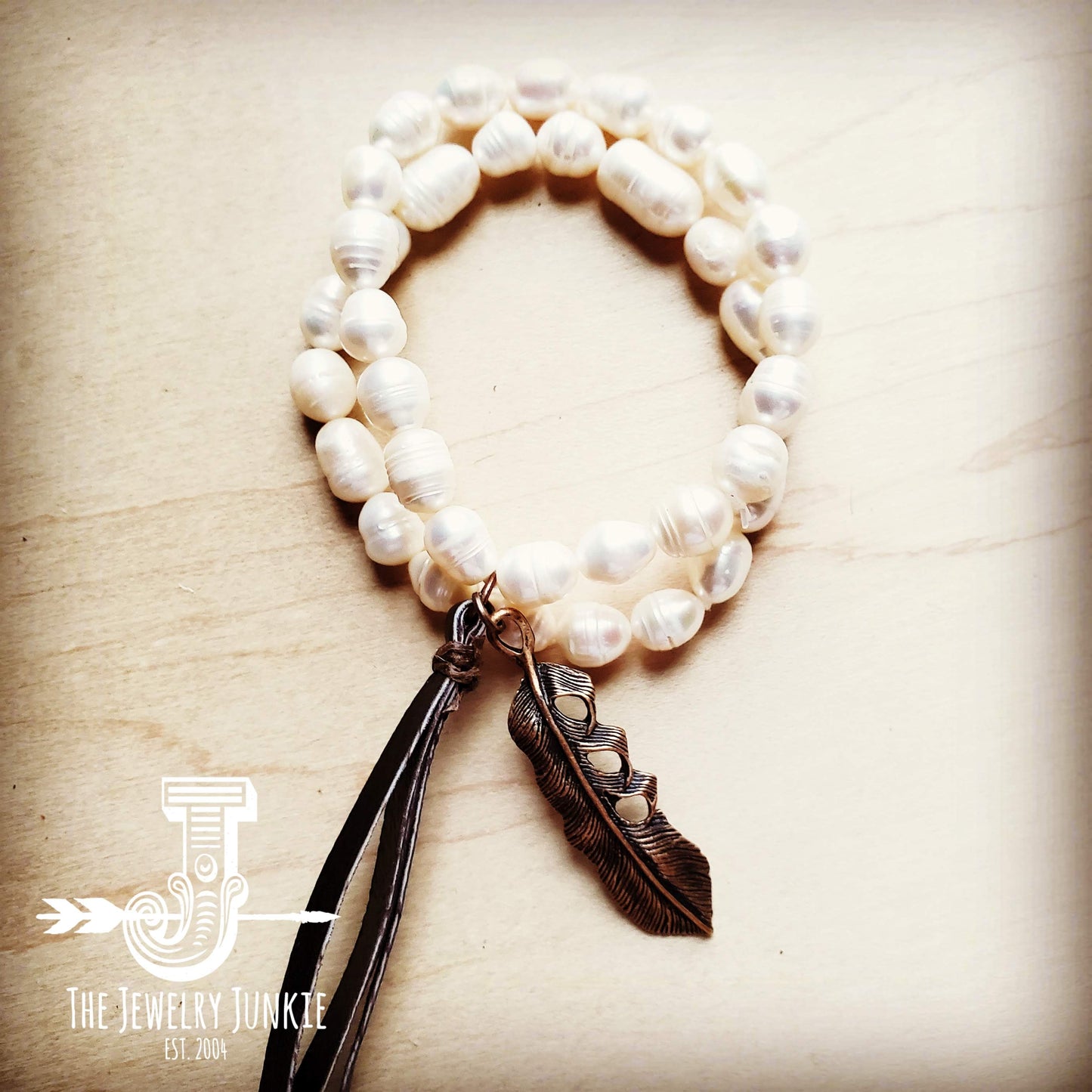 Freshwater Pearl Bracelet with Copper Feather