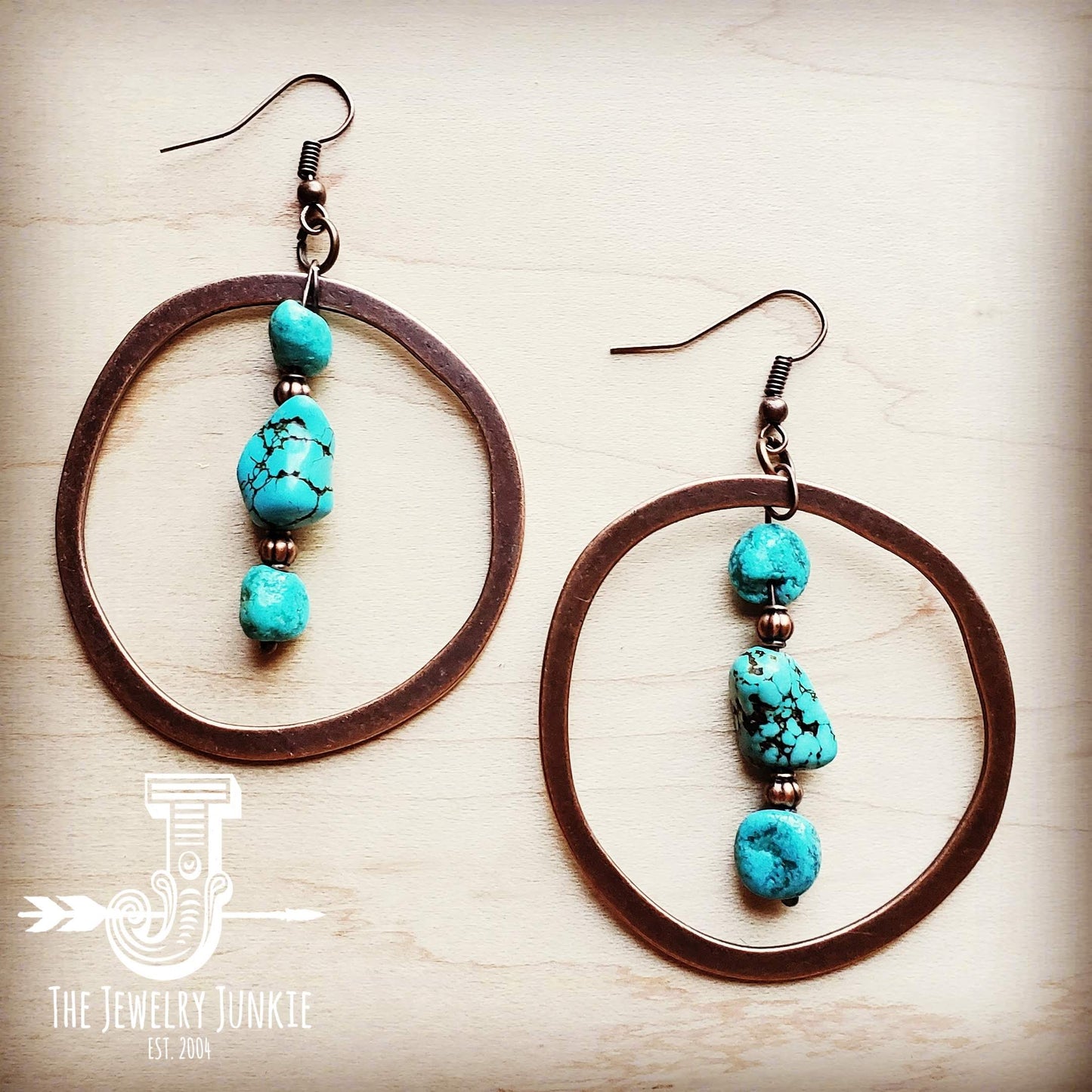Copper Hoop Earrings w/ Blue Turquoise and Copper 201r