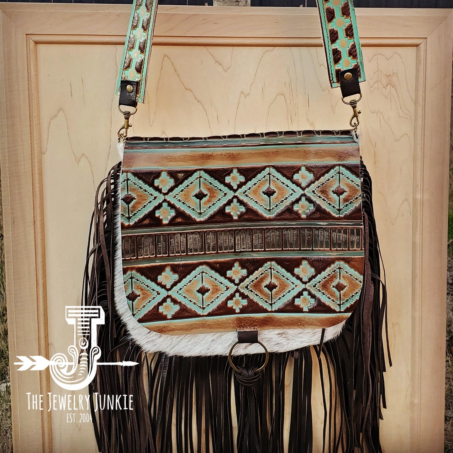 Hair-On-Hide w/ Turquoise Navajo Flap Crossbody Handbag 503d
