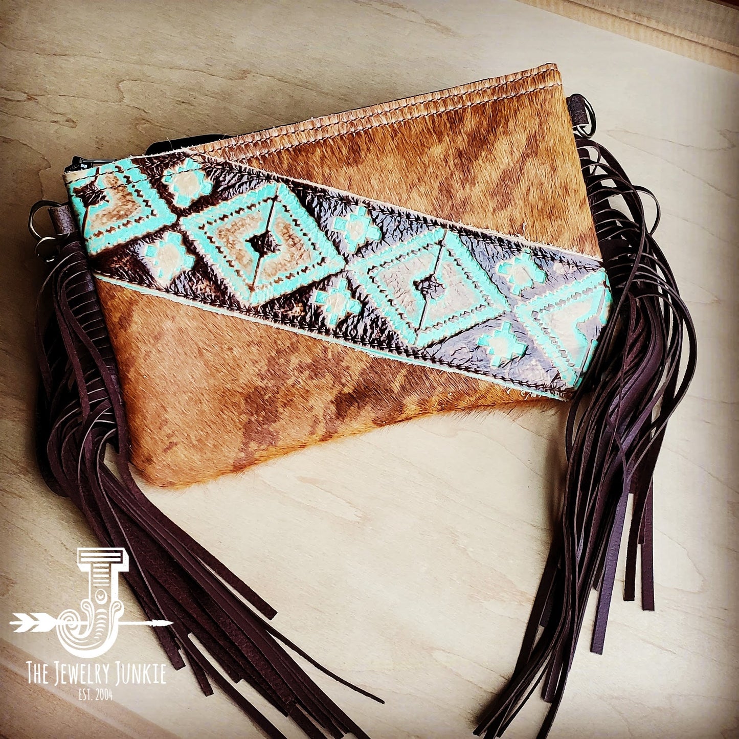 Hair on Hide Handbag w/ Leather Fringe and Navajo Side Accent 501z