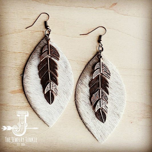 Leather Oval Earrings Hair on Hide w/ Feather