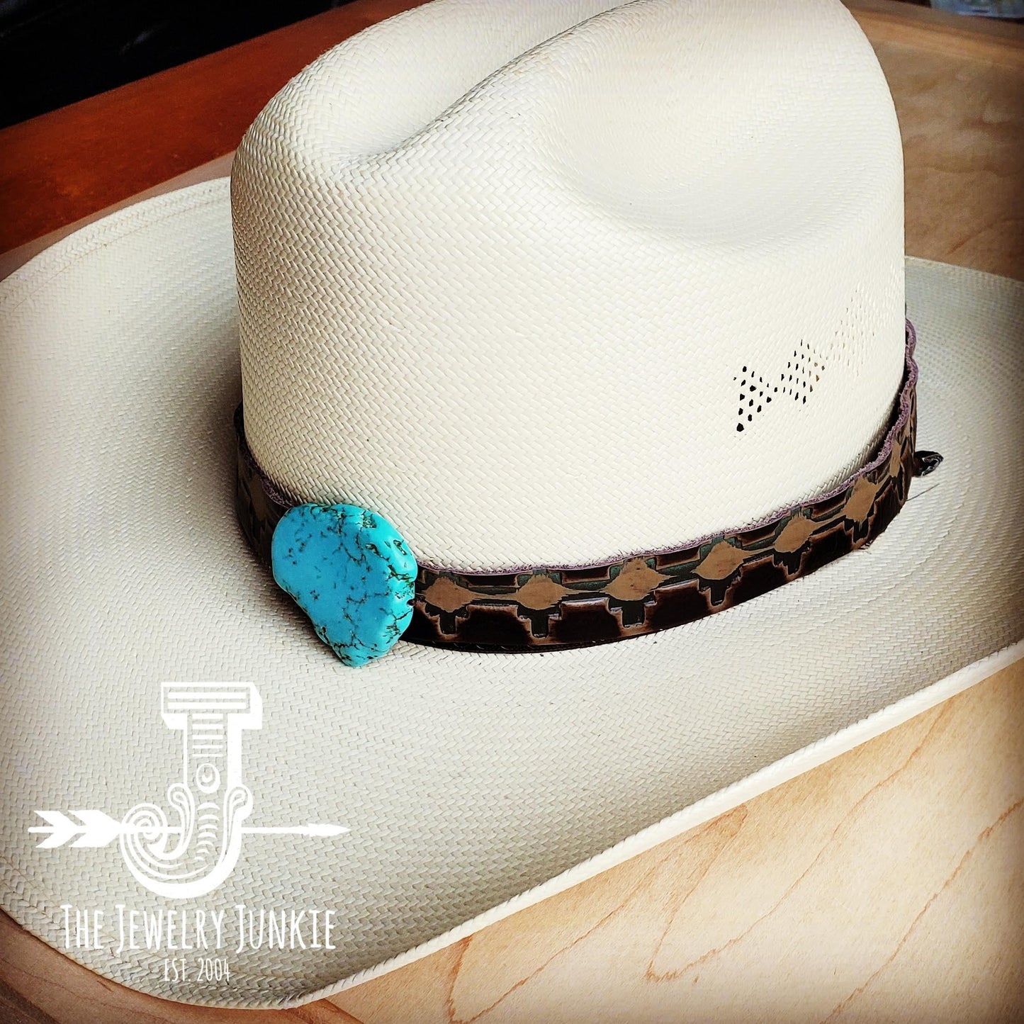 Navajo Embossed Leather Hat Band Only w/ Turquoise Slab 950e