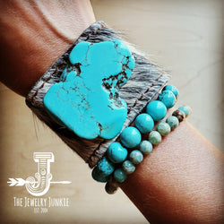 Leather Cuff w/ Tie-Gray Tan Hair on Hide w/ Turquoise Slab 011x