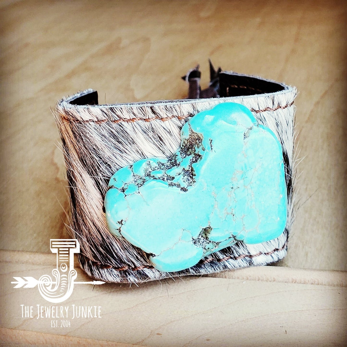 Leather Cuff w/ Tie-Gray Tan Hair on Hide w/ Turquoise Slab 011x