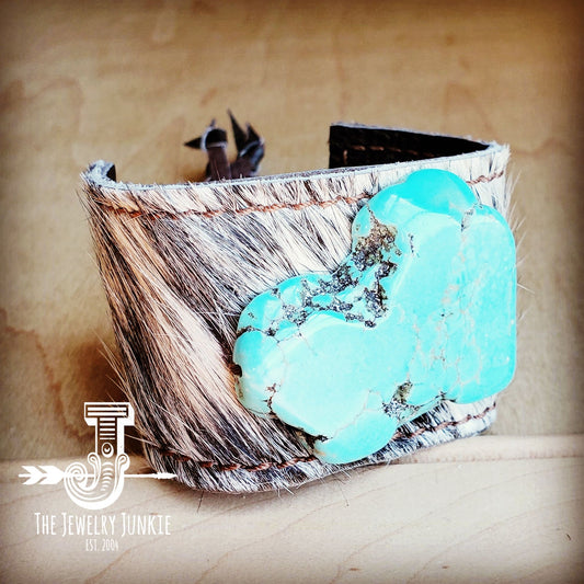 Leather Cuff w/ Tie-Gray Tan Hair on Hide w/ Turquoise Slab 011x