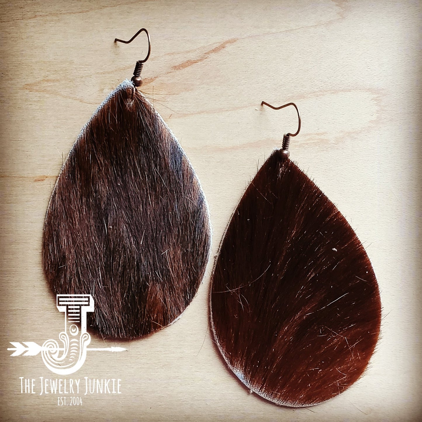 Leather Teardrop Earrings in Brown Hair on Hide 202m