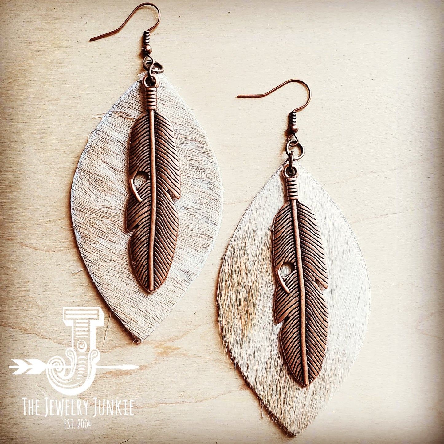 Leather Oval Earrings in Hair on Hide Leather with Copper Feather 223c
