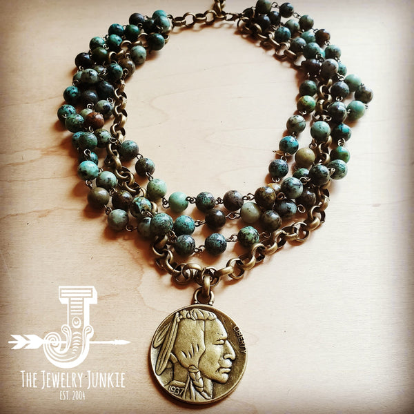 african turquoise collar-length necklace with indian head coin 250t