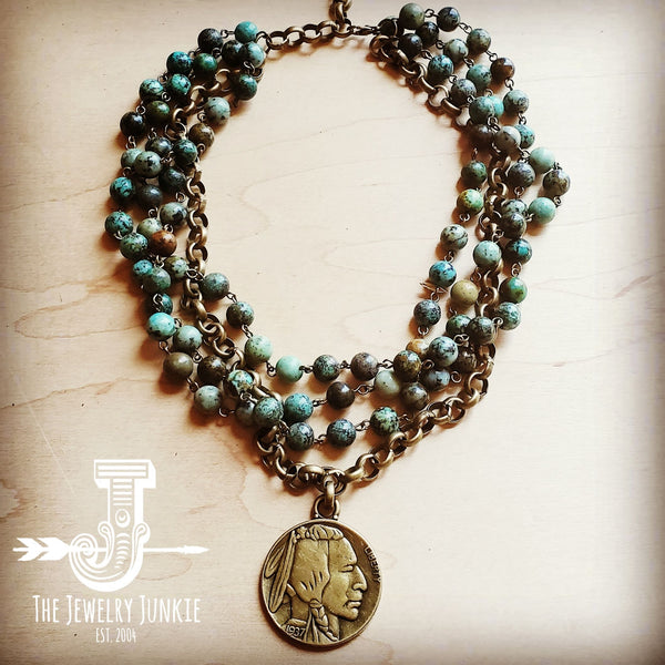 african turquoise collar-length necklace with indian head coin 250t
