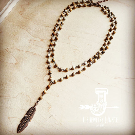 Double Strand Lariat Picture Jasper Necklace w/ Copper Feather 
