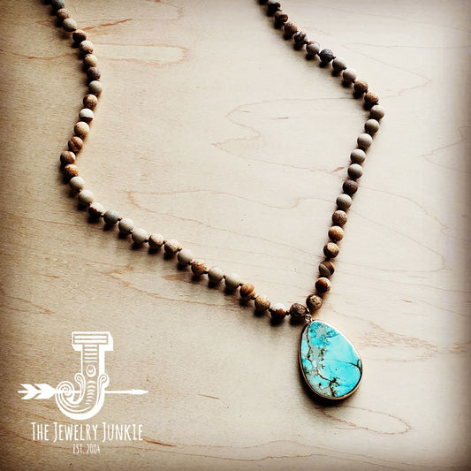Bohemian Beaded Jasper Necklace with Ocean Agate Pendant 245u