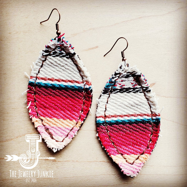 **Frayed Serape Earrings w/ Leather Backing-Pastel Pink and Blue 202t