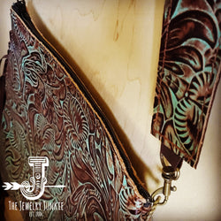 Embossed Leather Crossbody Strap in Turquoise Brown Floral 400k