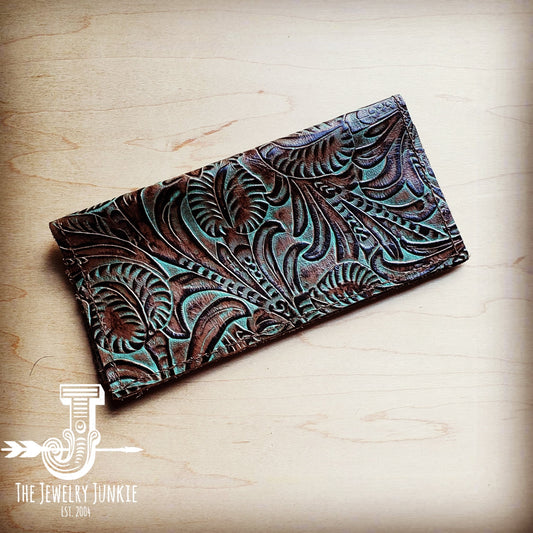 Embossed Leather Wallet in Turquoise Brown Floral 301e