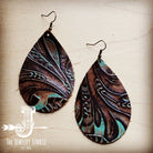 Leather Teardrop Earrings-Turquoise Brown Floral