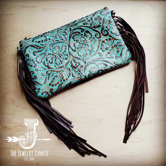Embossed Cowboy Turquoise Leather Clutch Handbag 503n