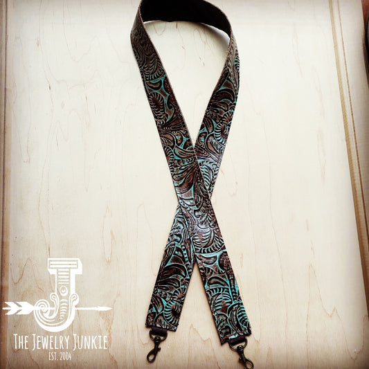 Embossed Leather Crossbody Strap in Turquoise Brown Floral 400k