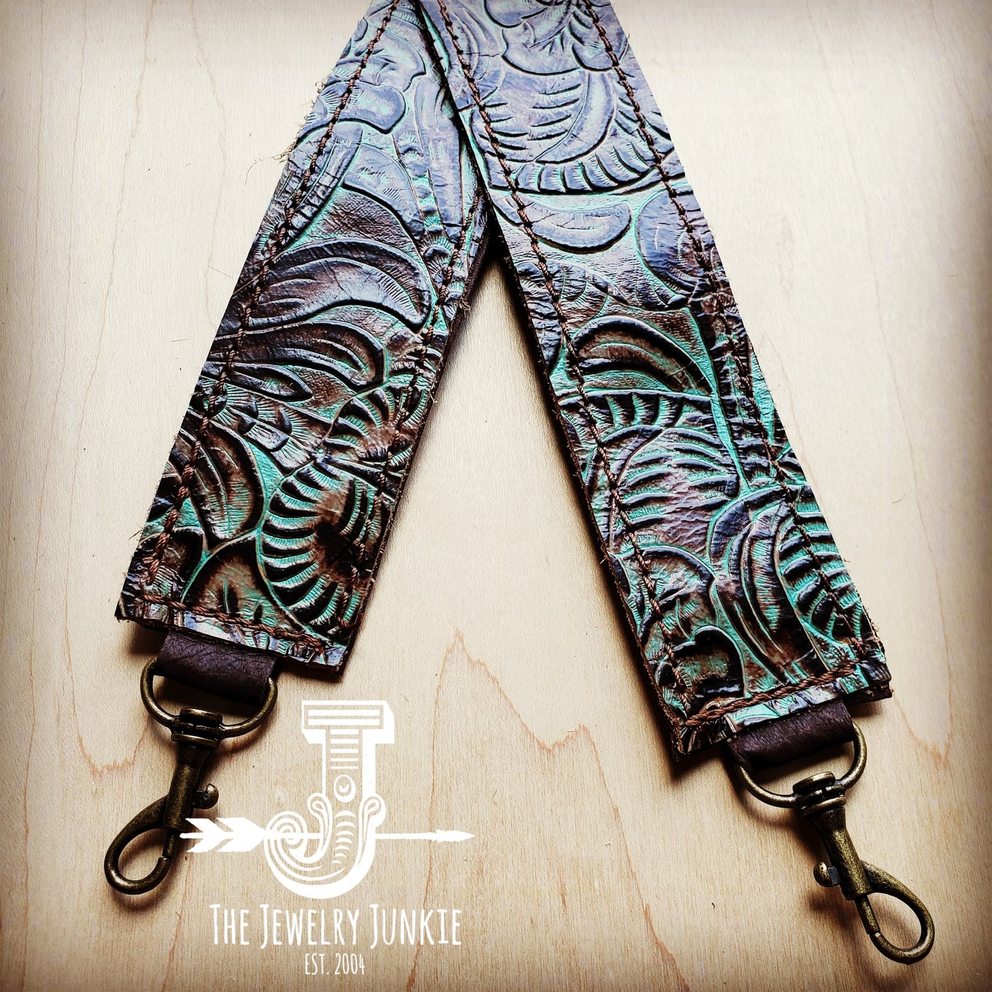Embossed Leather Crossbody Strap in Turquoise Brown Floral 400k