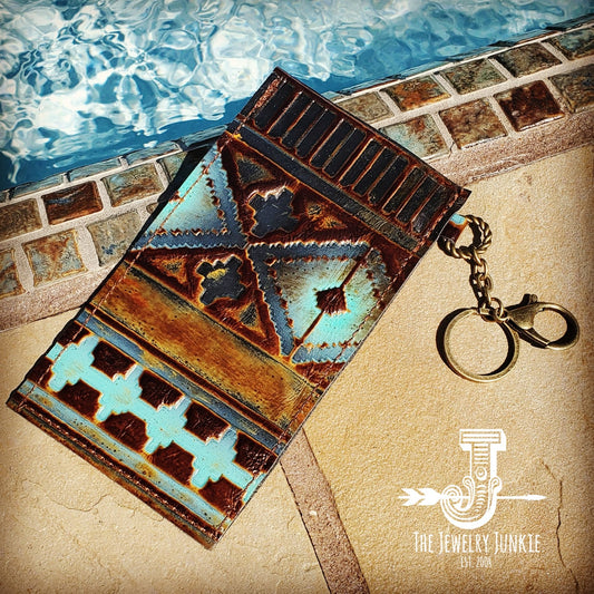 Embossed Leather Sunglasses Case w/ Keychain-Blue Navajo 100b