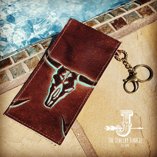 *Embossed Leather Sunglasses Case w/ Keychain-Turquoise Steer 100L