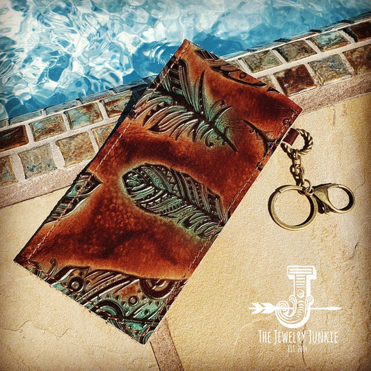 *Embossed Leather Sunglasses Case w/ Keychain-Turquoise Feather 100h