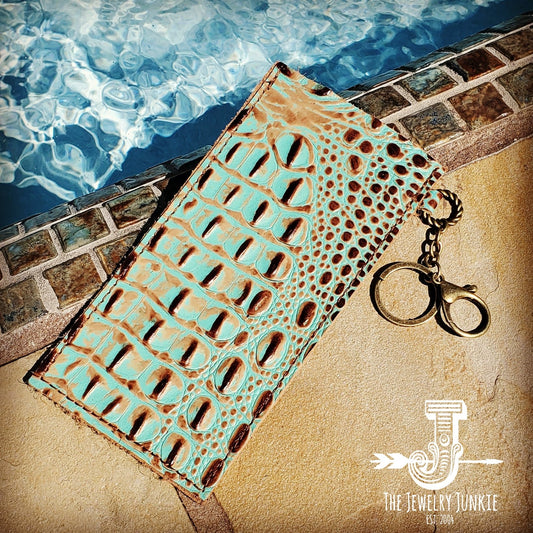 **Embossed Leather Sunglasses Case w/ Keychain-Turquoise Gator 100d