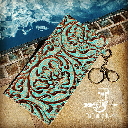 Embossed Leather Sunglasses Case w/ Keychain-Cowboy Turquoise 100e
