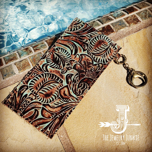 Embossed Leather Sunglasses Case w/ Keychain-Turquoise Brown Floral 100i