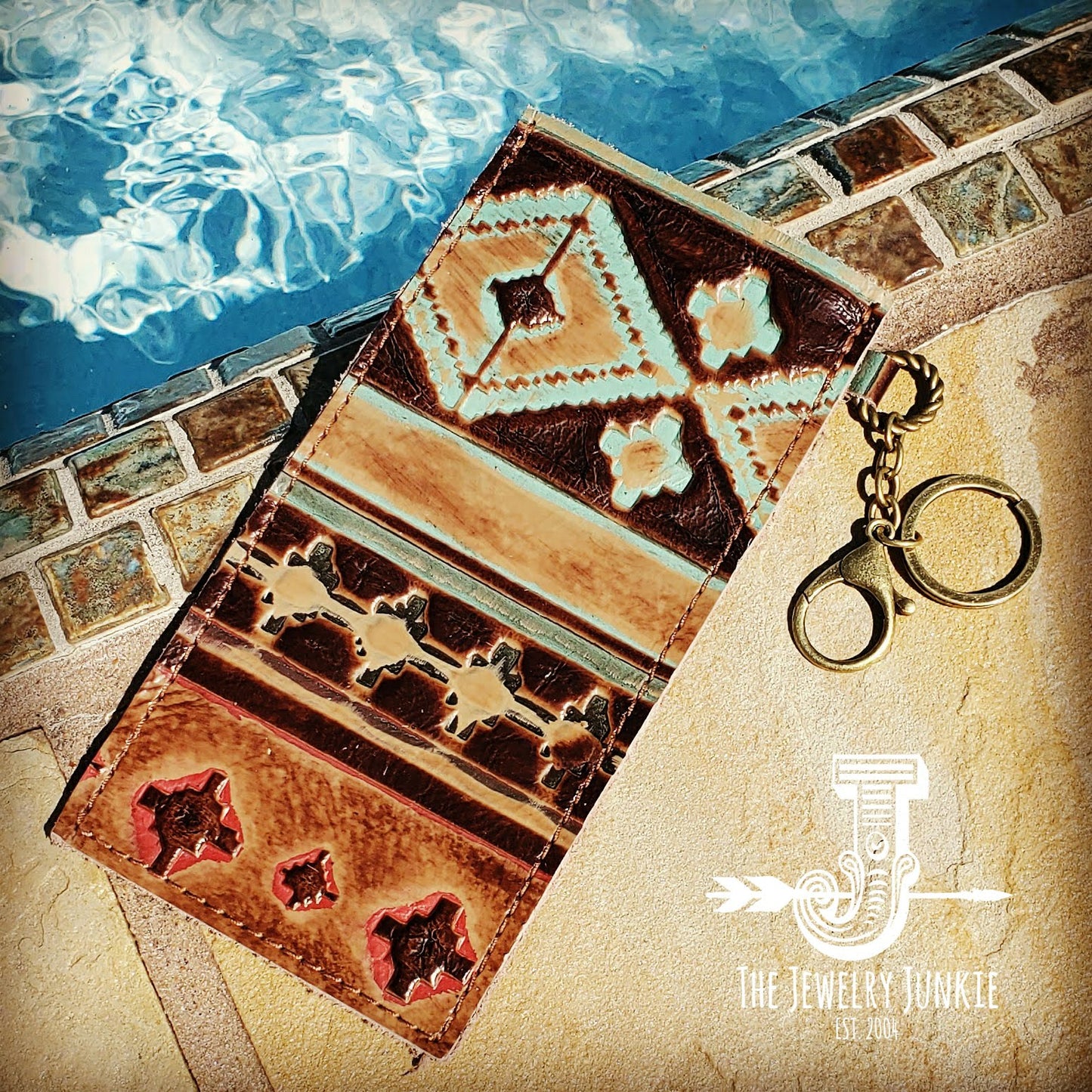 Embossed Leather Sunglasses Case w/ Keychain-Navajo 100a