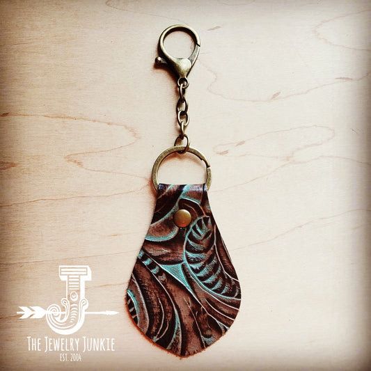 Leather Keychain-Turquoise Brown Floral