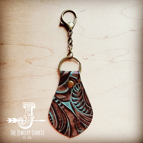 Embossed Leather Key Chain - Turquoise Brown Floral 700u