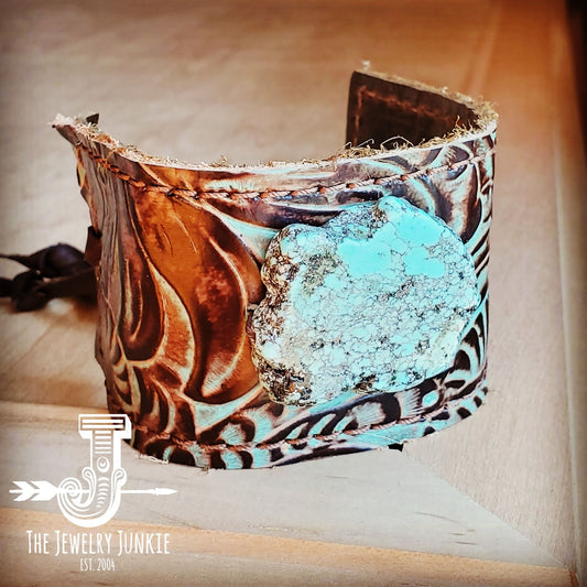 Leather Cuff w/ Tie-Turquoise Brown Floral w/ Turquoise Slab 001d