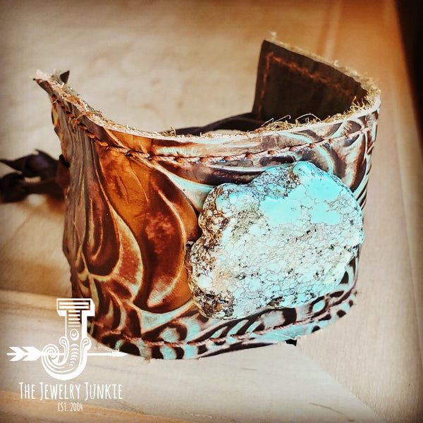 Leather Cuff w/ Tie-Turquoise Brown Floral w/ Turquoise Slab 001d