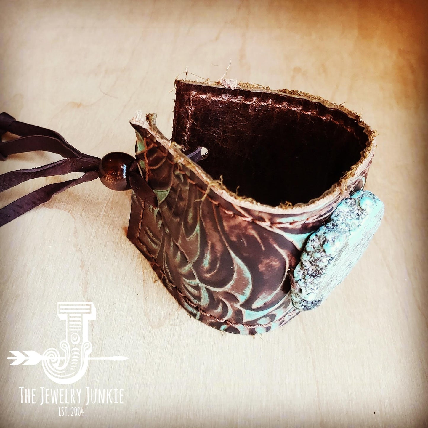 Leather Cuff w/ Tie-Turquoise Brown Floral w/ Turquoise Slab 001d