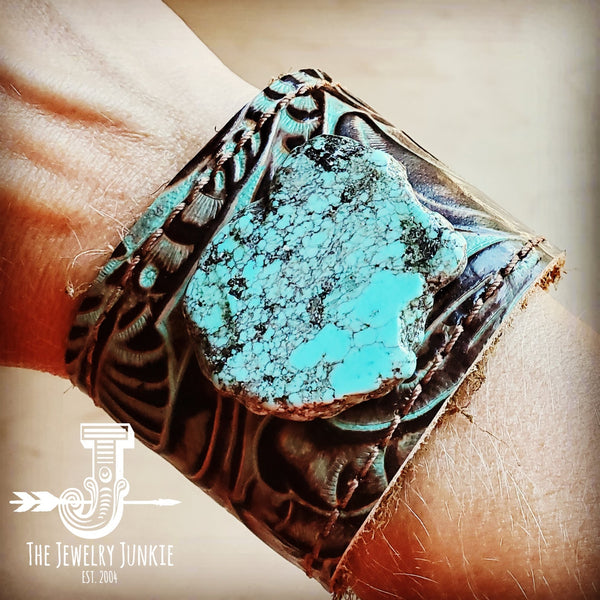 Leather Cuff w/ Tie-Turquoise Brown Floral w/ Turquoise Slab 001d