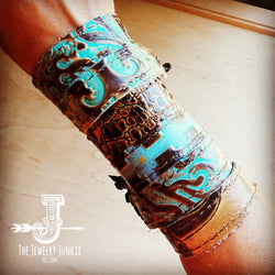 Narrow Leather Cuff in Turquoise Brown Floral w/ adjustable leather 001g