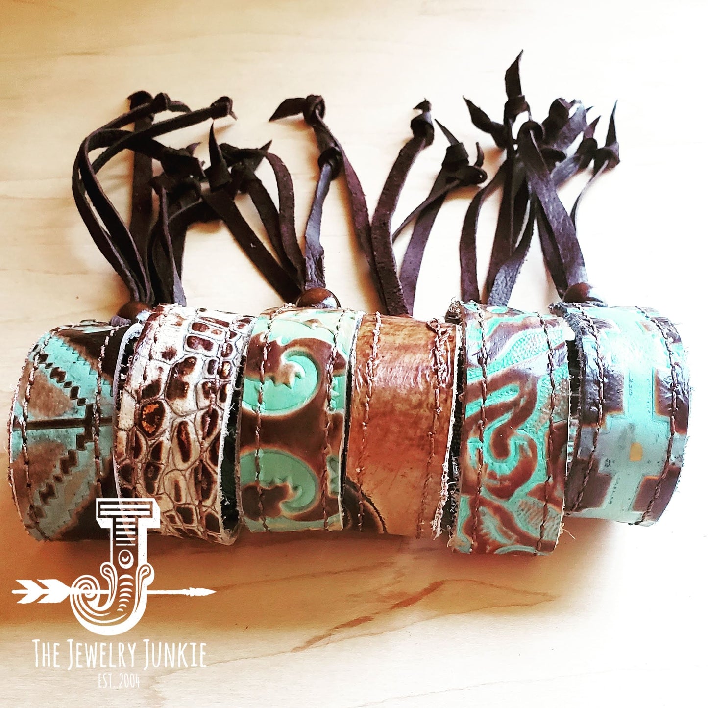 Narrow Leather Cuff in Turquoise Brown Floral w/ adjustable leather 001g