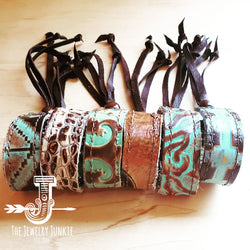 Narrow Leather Cuff in Turquoise Brown Floral w/ adjustable leather 001g