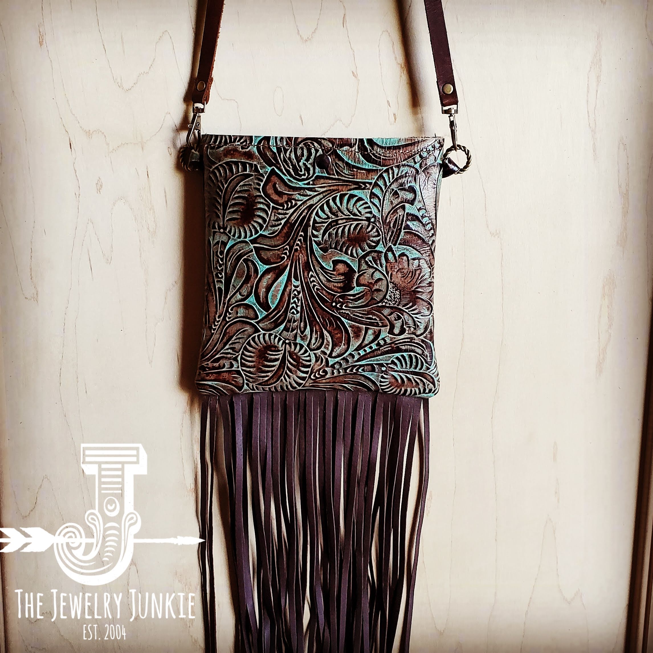 Genuine Leather Floral Tooled Fringe Crossbody Bag