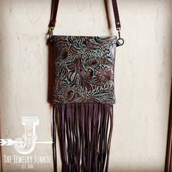 Genuine Leather Tooled Fringe Hip Clip Bag - Black/Turquoise