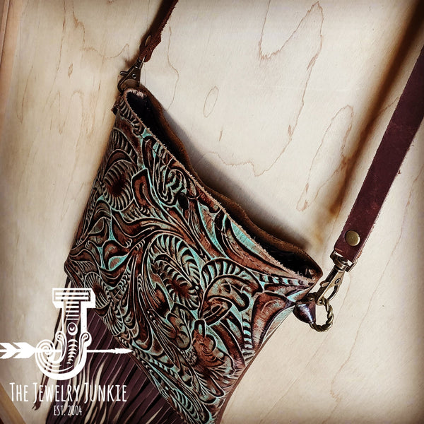 Small Crossbody Handbag w/ Turquoise Brown Floral Tooled Leather 504b
