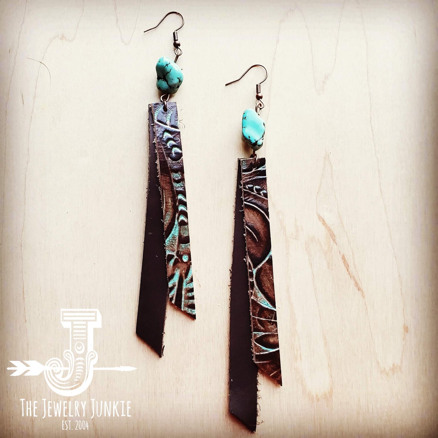 Leather Rectangle Earrings in Turquoise Brown Floral 203e
